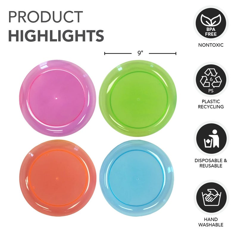 Party Essentials Hard Plastic 9-Inch Round Party/Luncheon Plates, Assorted Neon, 40-Count - Image 2
